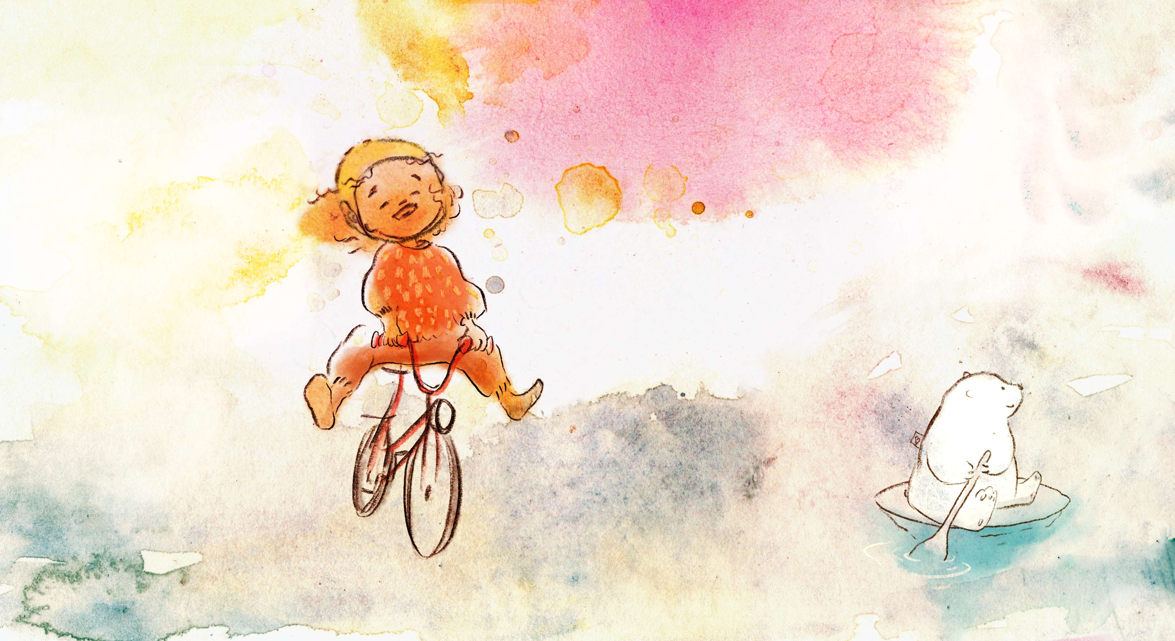 Ina cyklar glatt med en isbjörn bredvid sig, i en lekfull illustration kopplad till berättelsen Ina och Isbjörnsklubben.